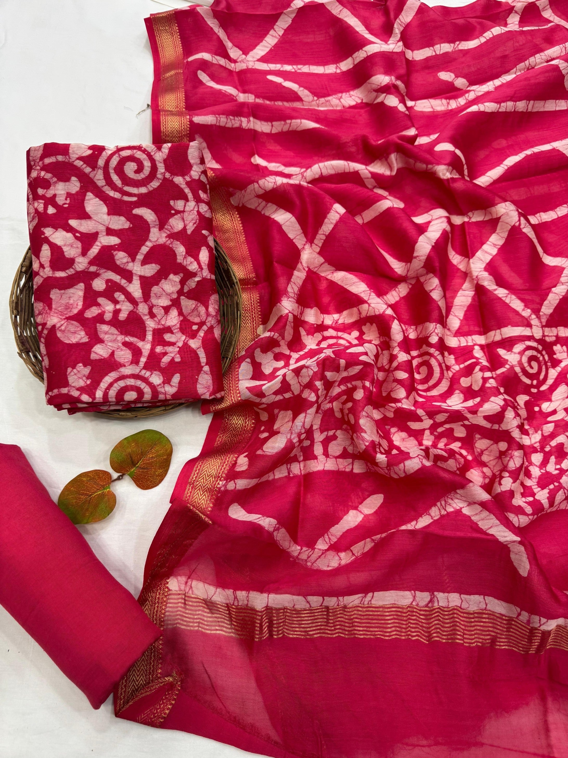 Maheshwari Silk Red Jaal Handblock Printed Dress Material at wholesale prices – Fabtexs